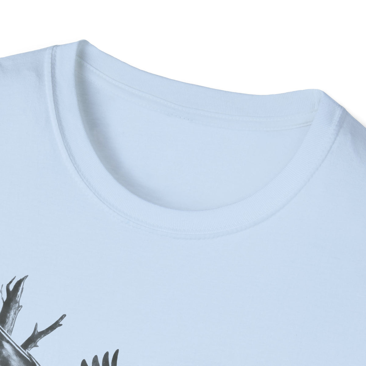Light blue crew-neck T-shirt neckline close-up, short sleeves
