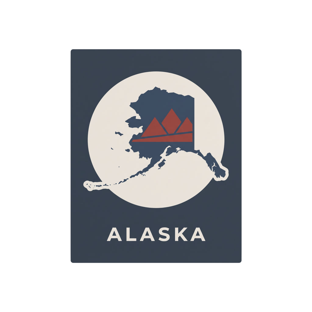 Alaska metal wall sign, dark blue background with circular map and red mountain graphic