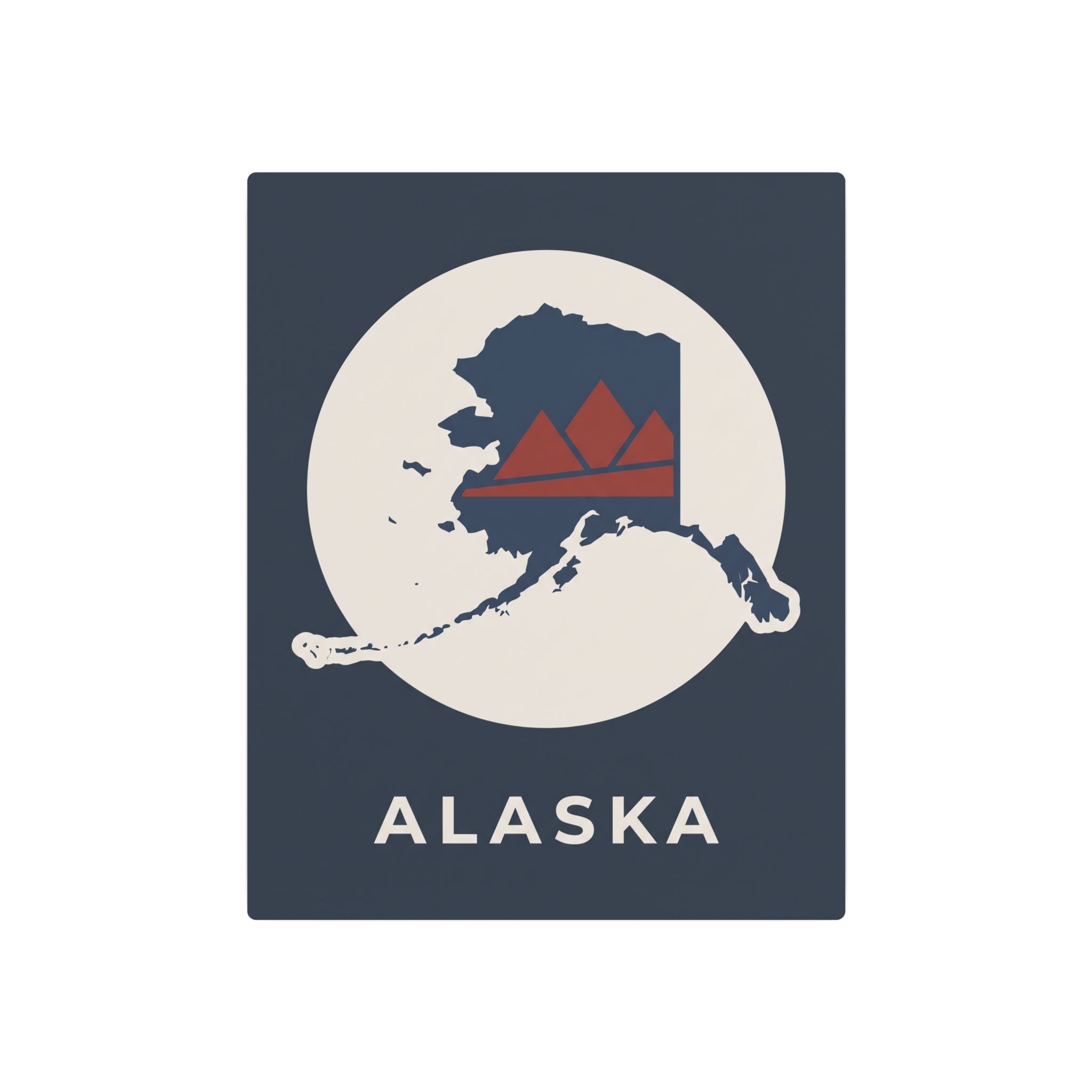 Alaska metal wall sign, dark blue background with circular map and red mountain graphic