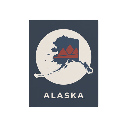 Alaska metal wall sign, dark blue background with circular map and red mountain graphic