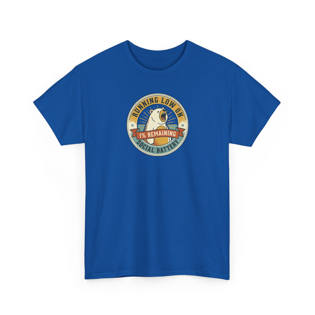 Blue crewneck T-shirt with circular graphic on the chest.