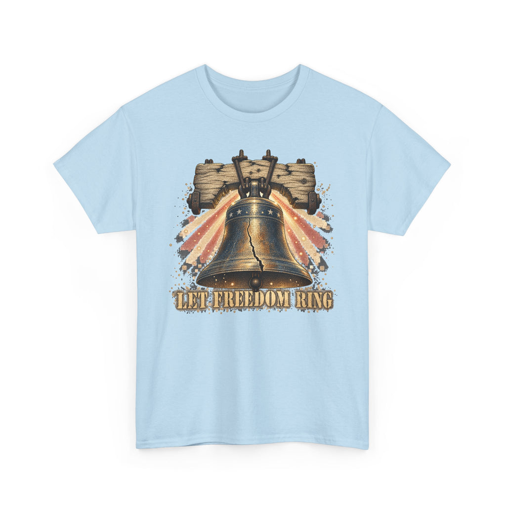 Light blue liberty bell graphic T-shirt with vintage "LET FREEDOM RING" print