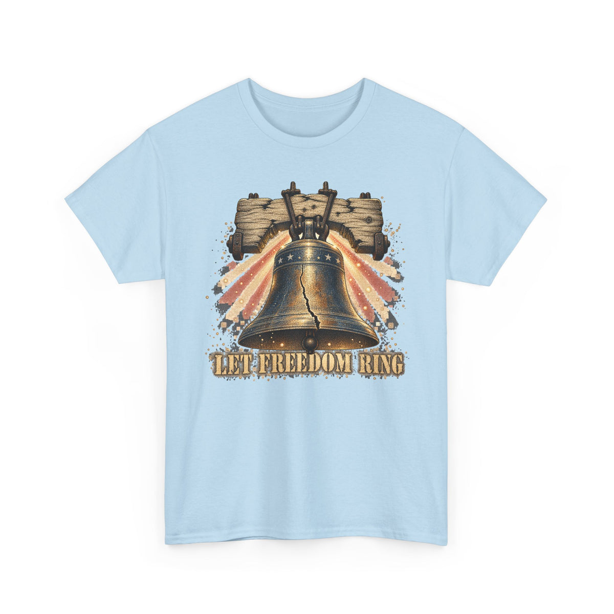 Light blue liberty bell graphic T-shirt with vintage "LET FREEDOM RING" print