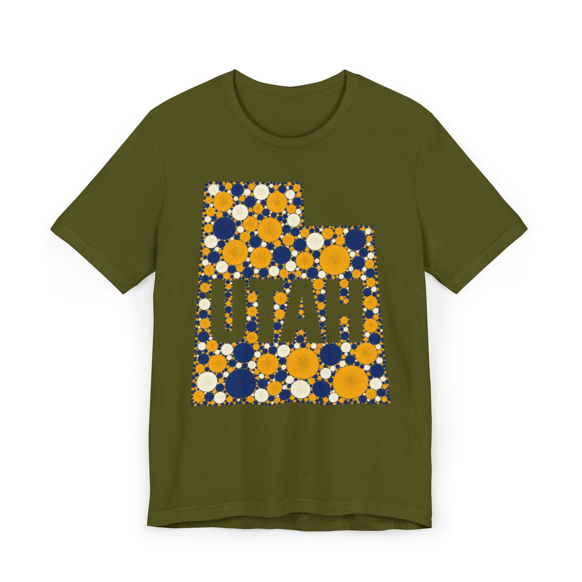 Polka dot Utah graphic t-shirt with UTAH text, blue and yellow on olive green