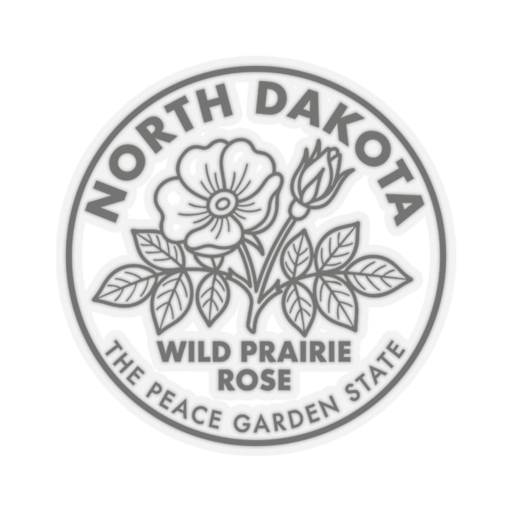 Circular transparent vinyl sticker with North Dakota wild prairie rose logo and leaves