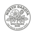 Circular transparent vinyl sticker with North Dakota wild prairie rose logo and leaves