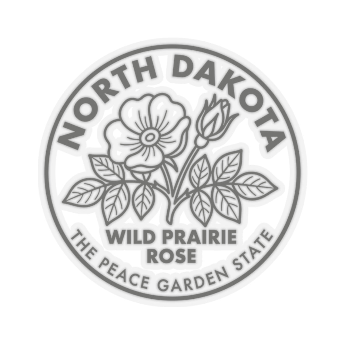 Circular transparent vinyl sticker with North Dakota wild prairie rose logo and leaves