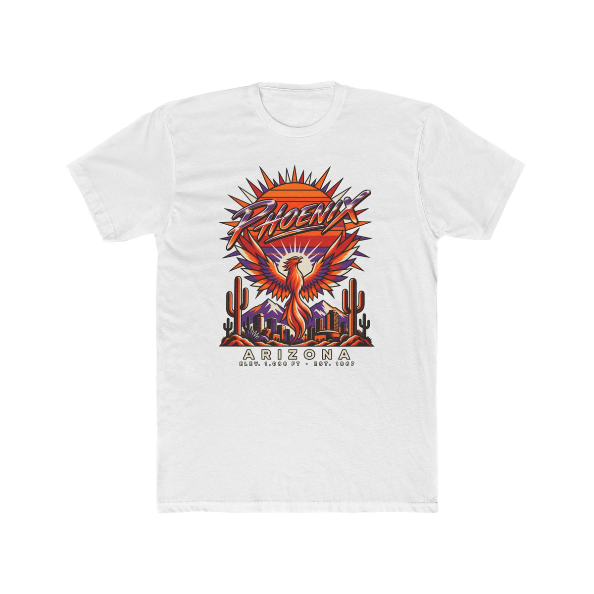 White crew-neck T-shirt with colorful phoenix-and-cactus Arizona graphic
