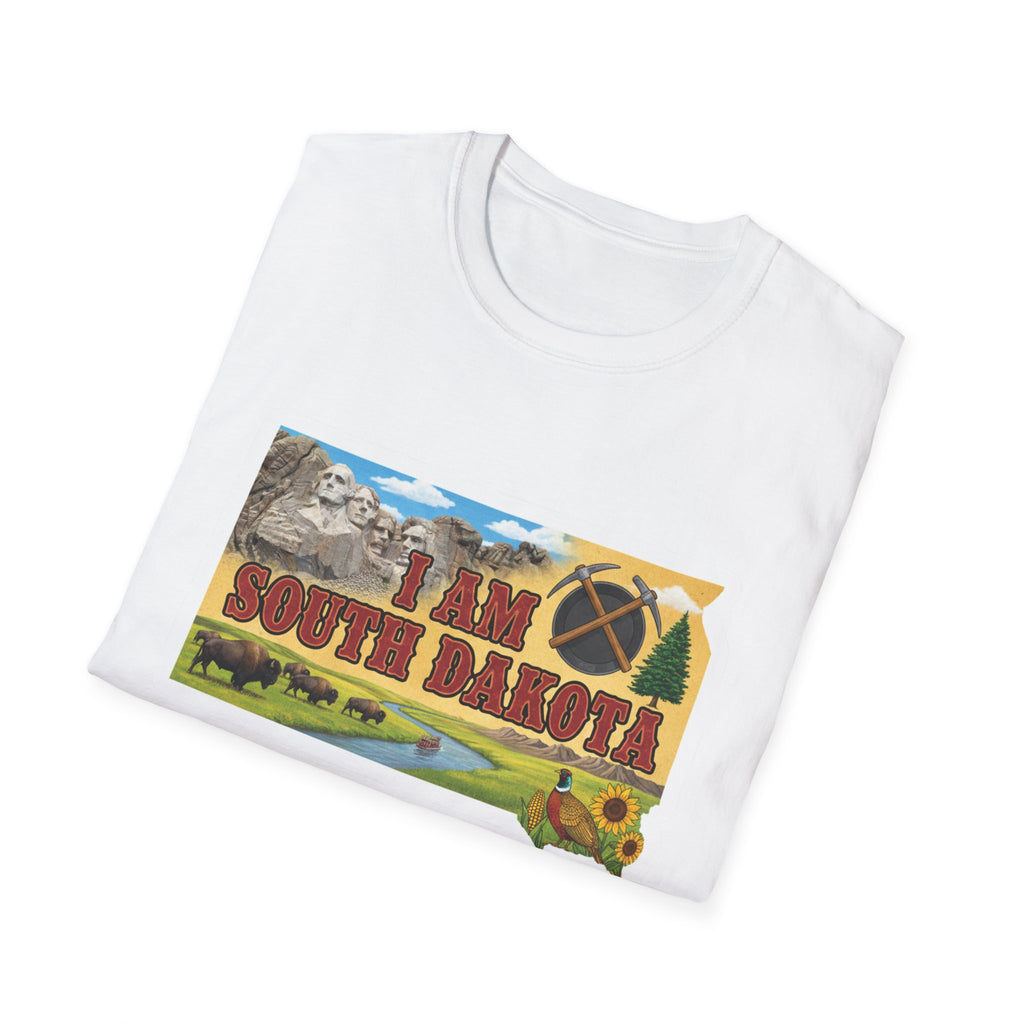 White I Am South Dakota T-shirt with colorful landscape graphic print