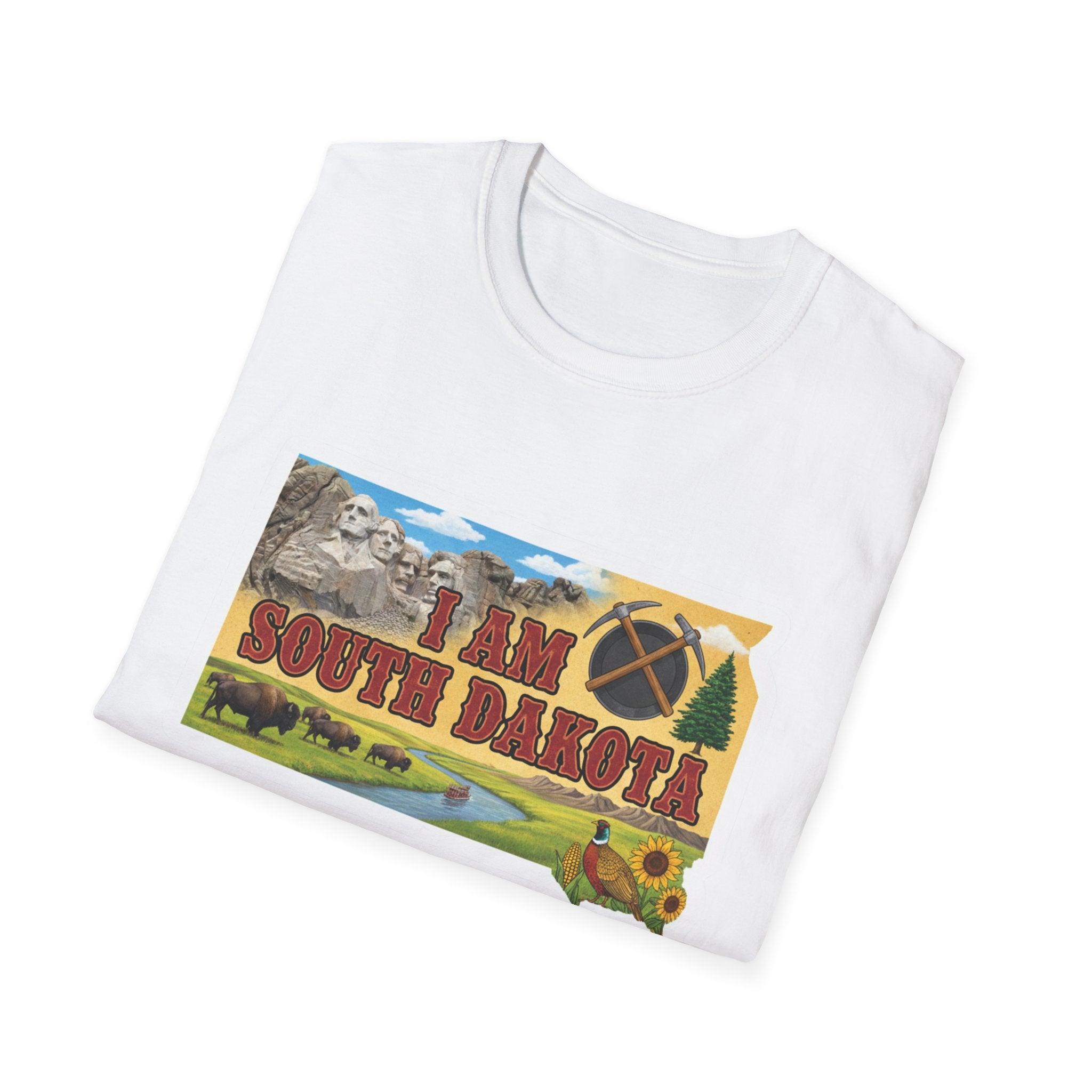 White I Am South Dakota T-shirt with colorful landscape graphic print