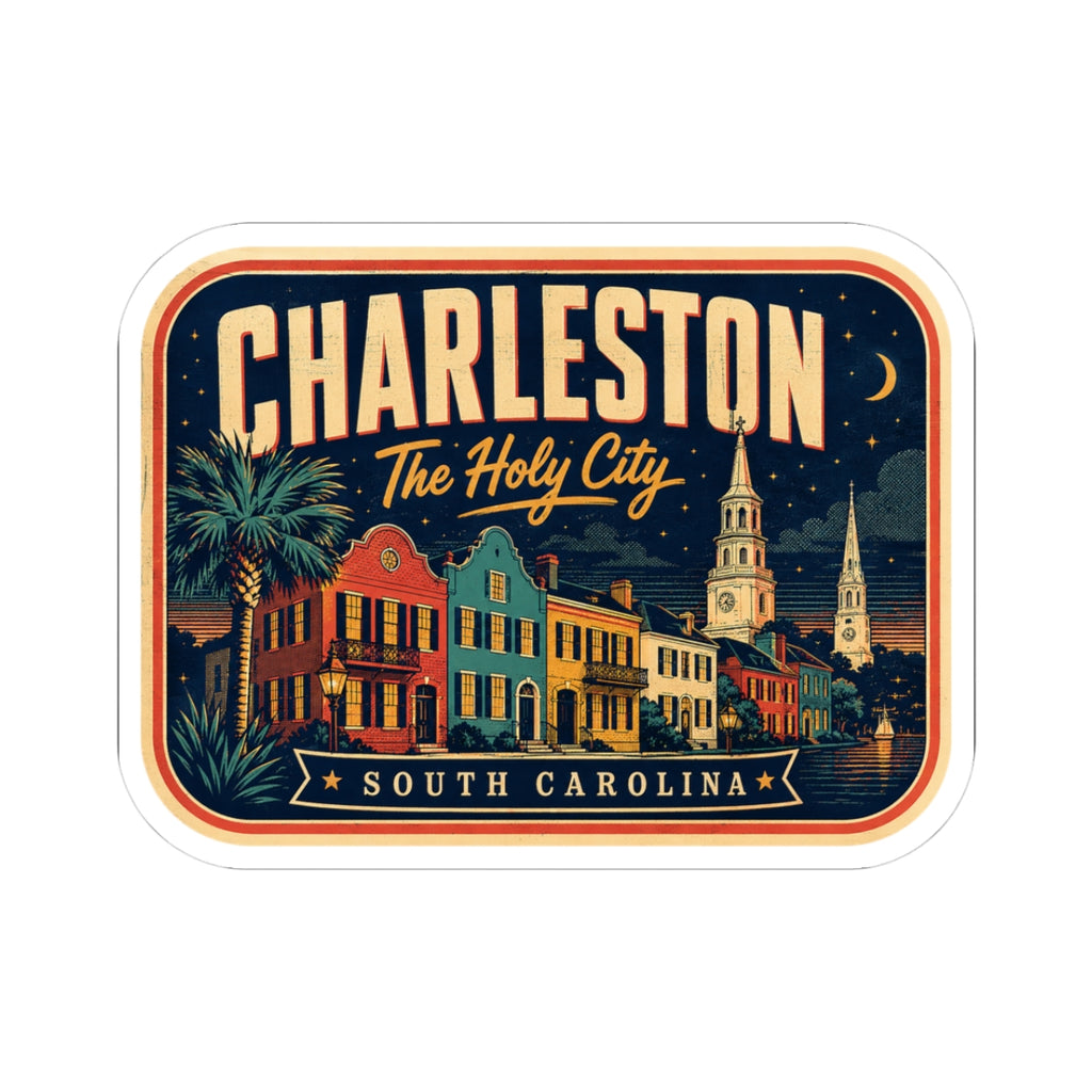 Luggage tag sticker, rounded rectangle with Charleston skyline and 'South Carolina' text