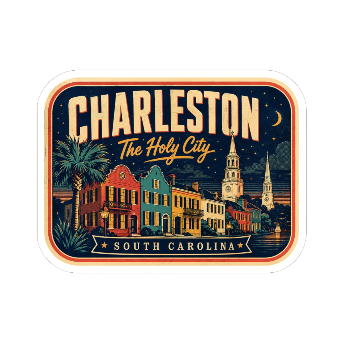 Luggage tag sticker, rounded rectangle with Charleston skyline and 'South Carolina' text