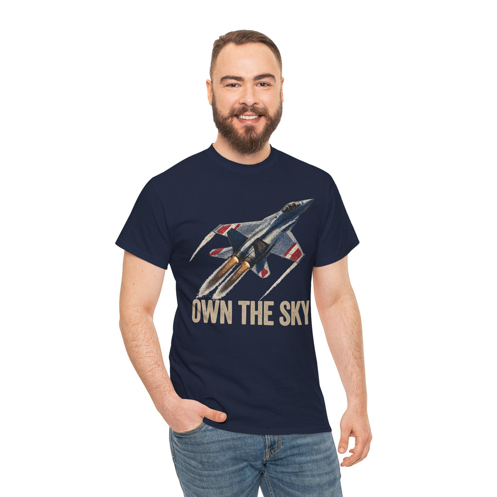 Navy crew-neck T-shirt with fighter jet and 'OWN THE SKY' front print
