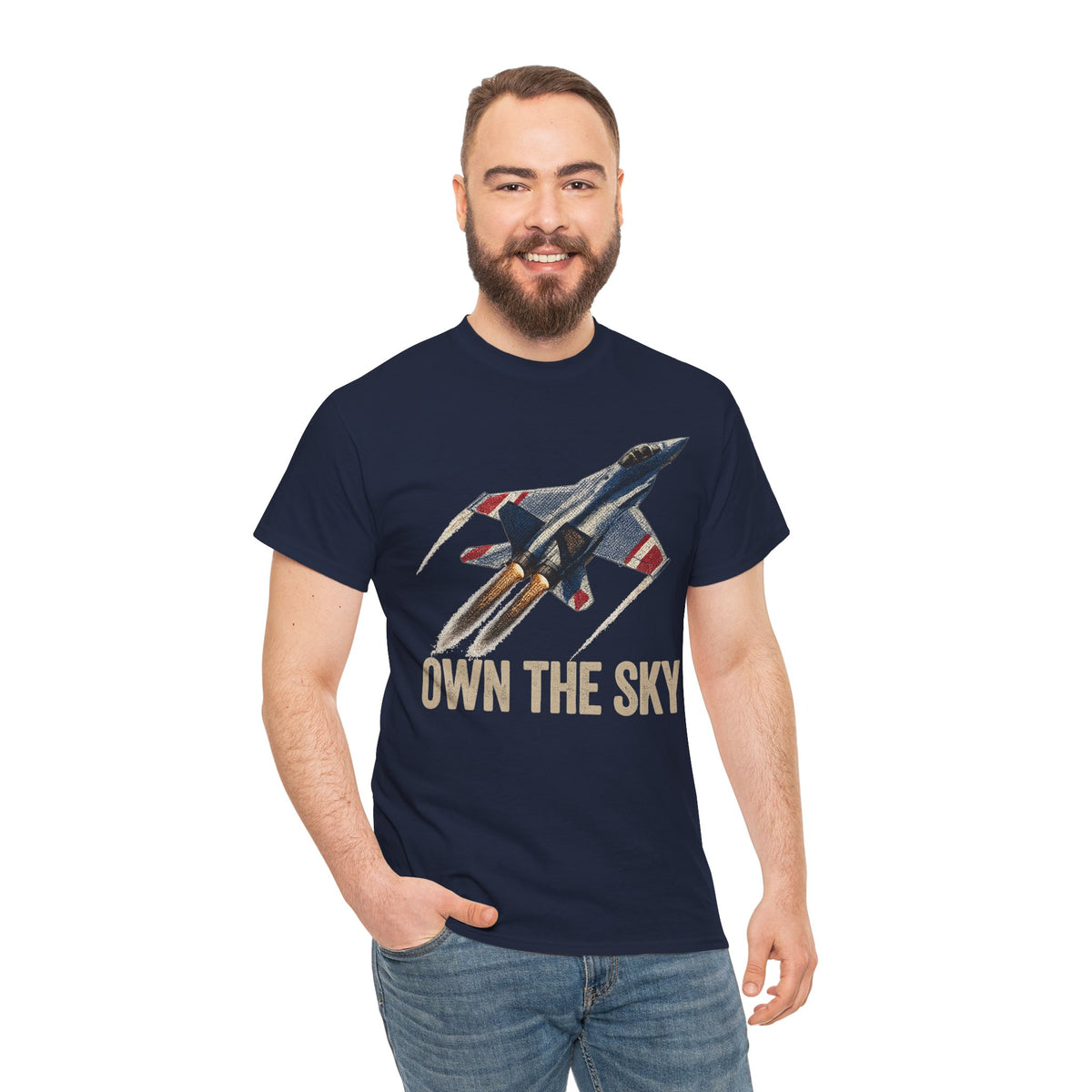 Navy crew-neck T-shirt with fighter jet and 'OWN THE SKY' front print
