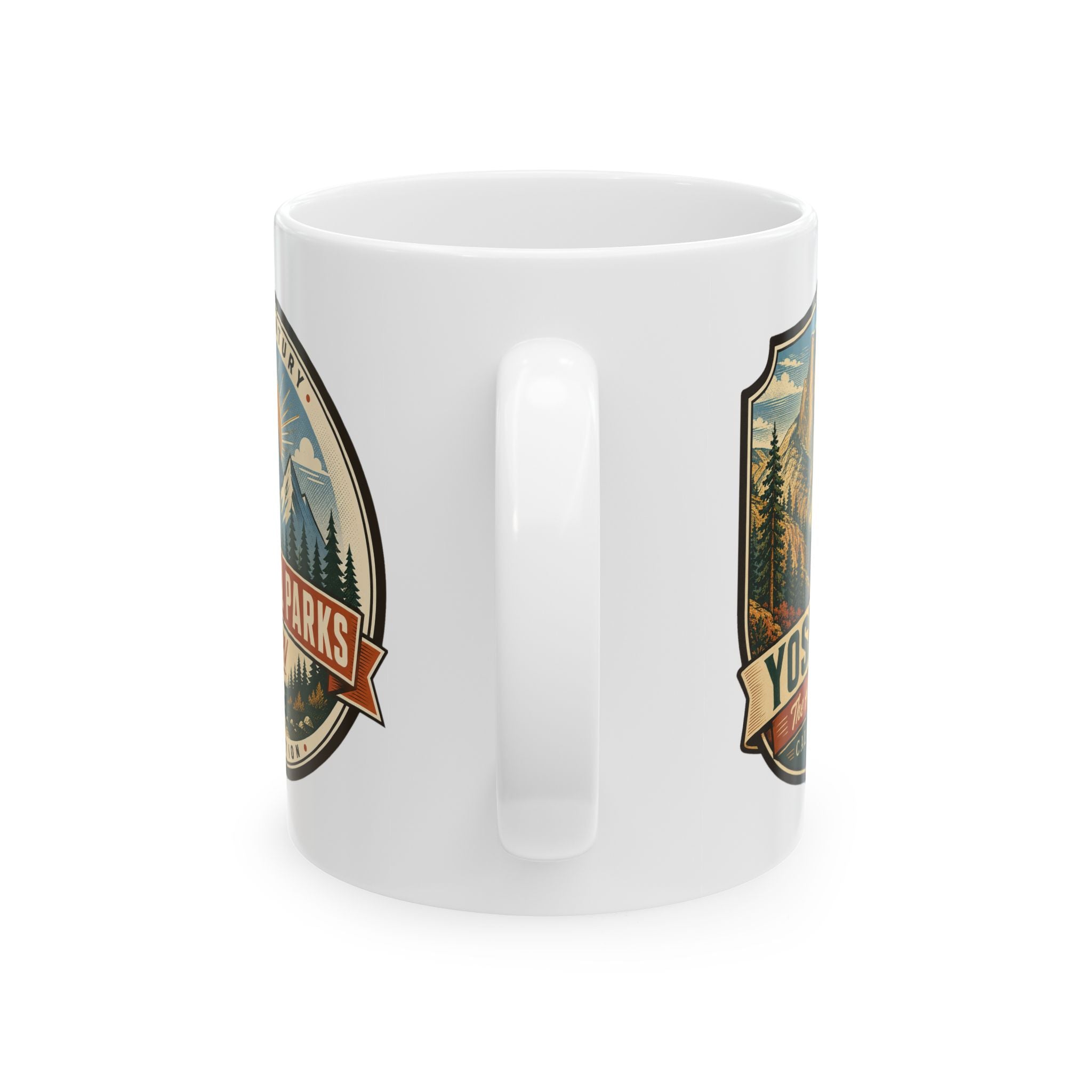 Ceramic mug with Yosemite crest graphic and side handle detail