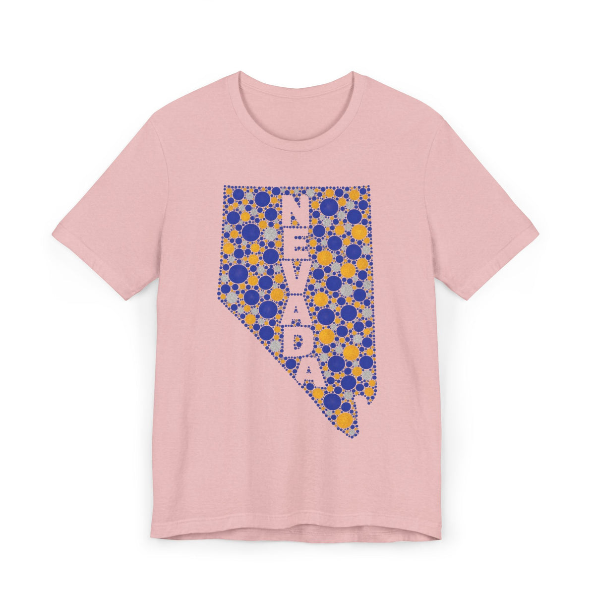 Light pink crewneck t-shirt with blue and gold Nevada map graphic
