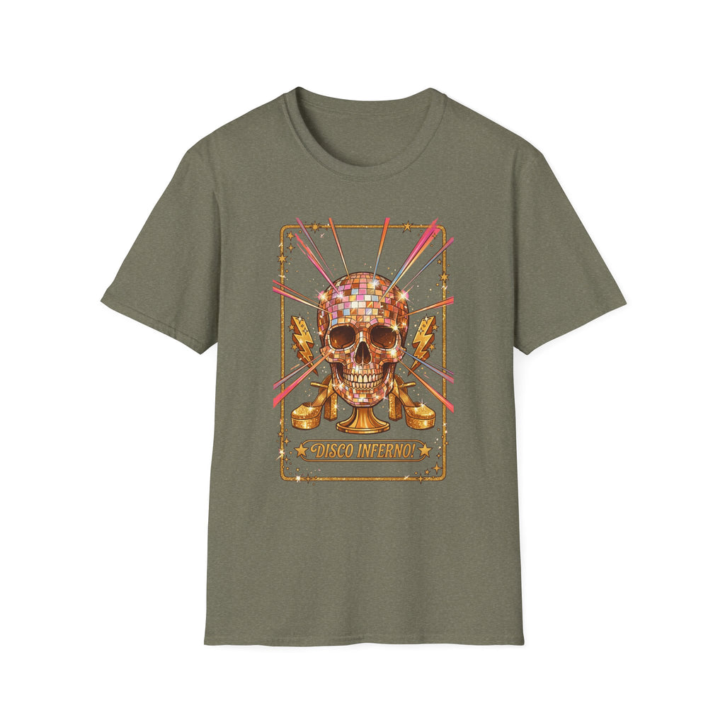 Disco Inferno Skull T-Shirt, olive green—retro disco skull print with “Disco Inferno”