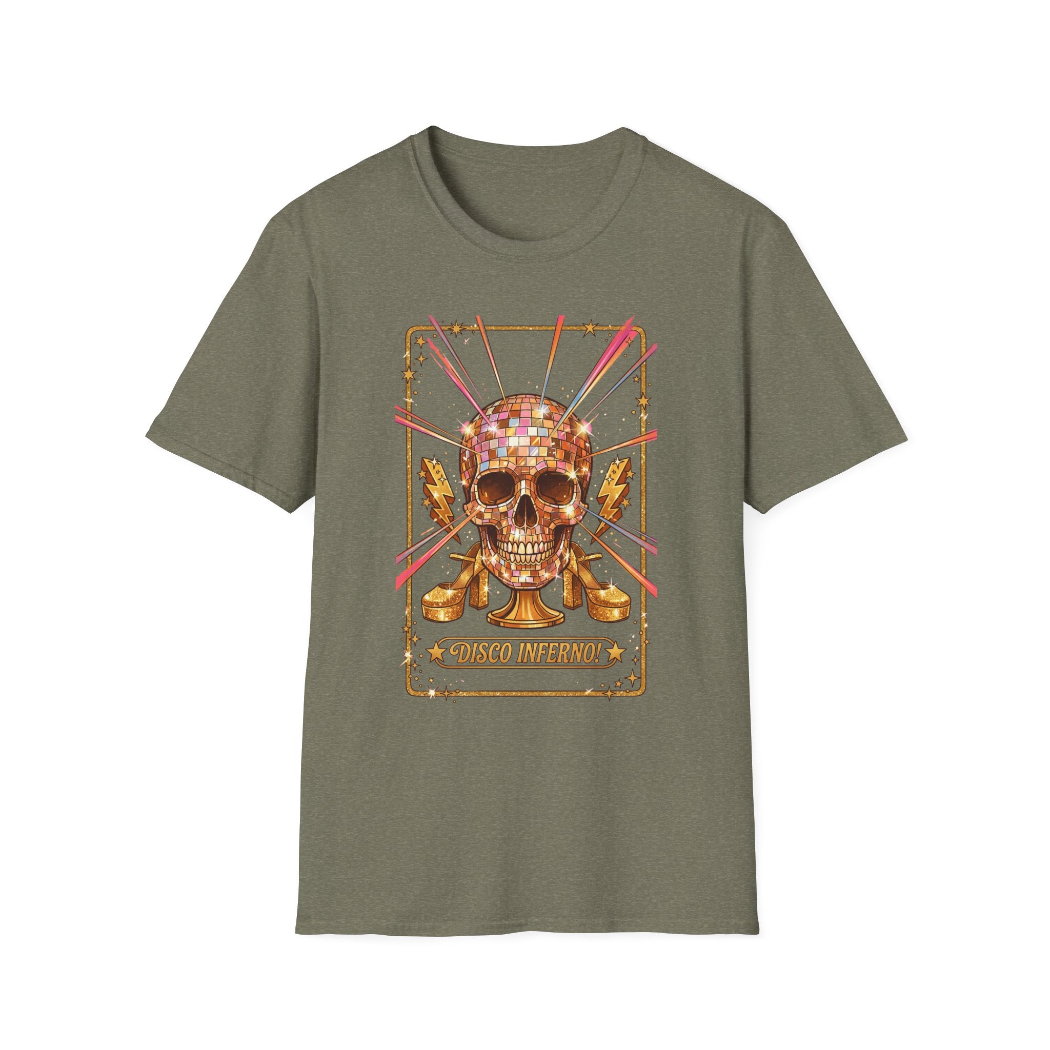 Disco Inferno Skull T-Shirt, olive green—retro disco skull print with “Disco Inferno”