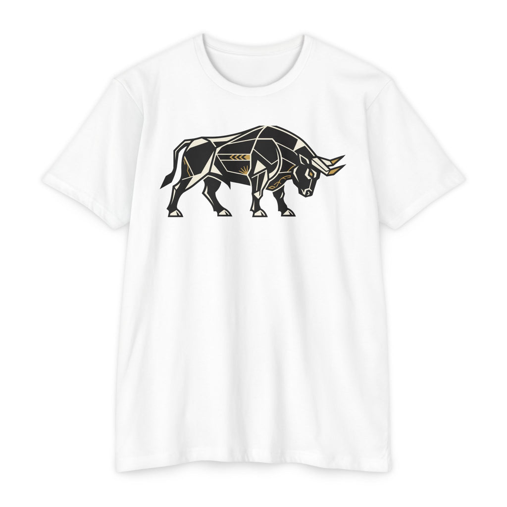 White T-shirt with geometric charging bull graphic, crew neck, short sleeves