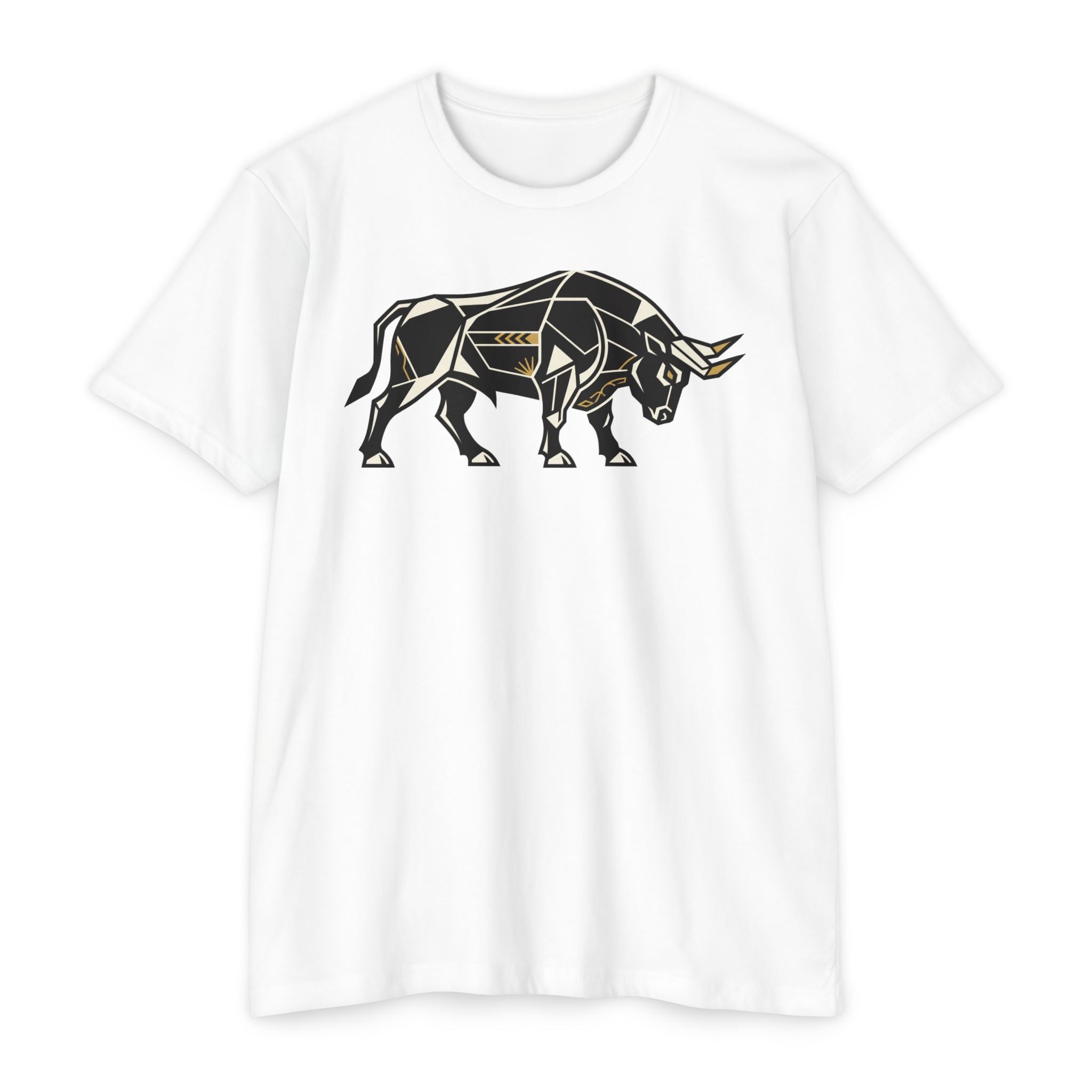 White T-shirt with geometric charging bull graphic, crew neck, short sleeves