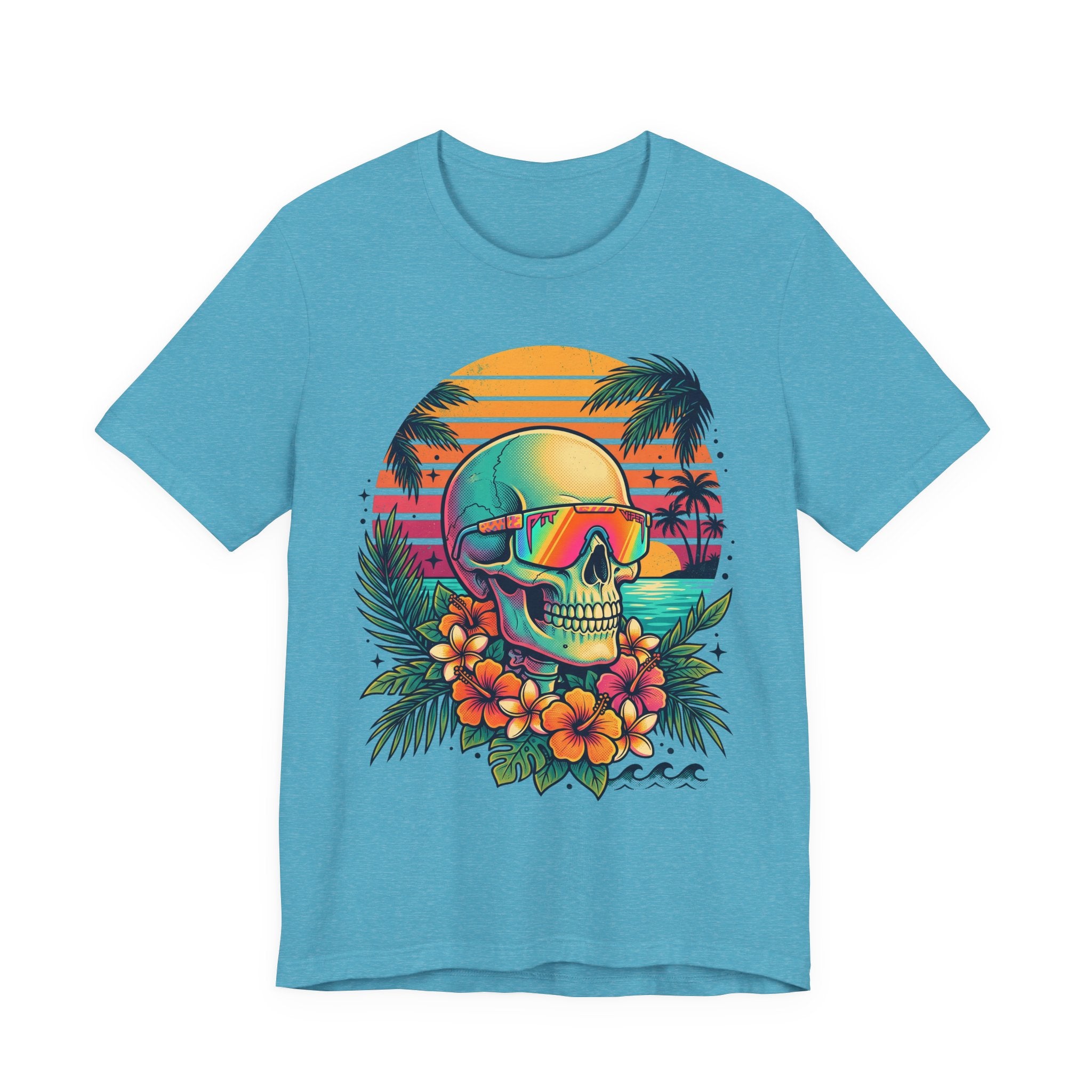 Heather blue T-shirt with tropical skull wearing sunglasses and floral front graphic