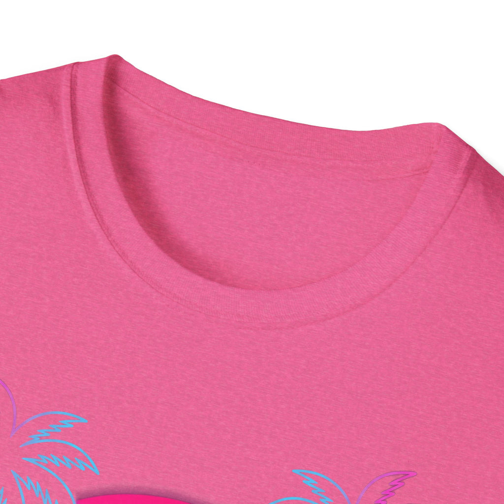 Camiseta Vaporwave Skull Sunset, fucsia; close-up del cuello
