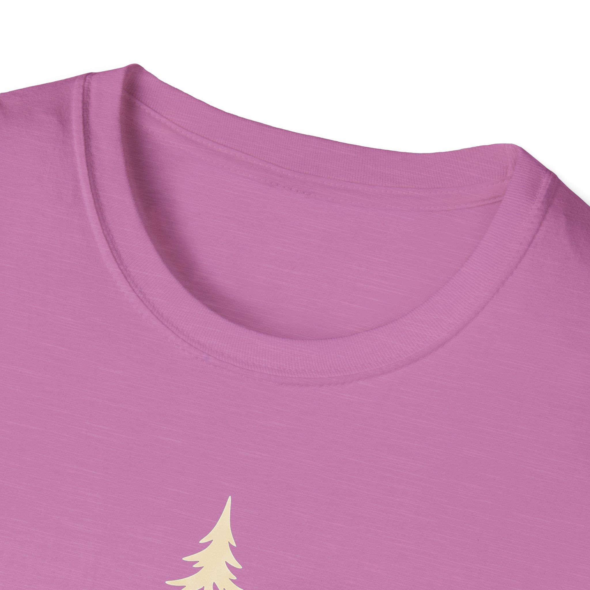Pink T-shirt close-up of crew neckline with small pine tree graphic