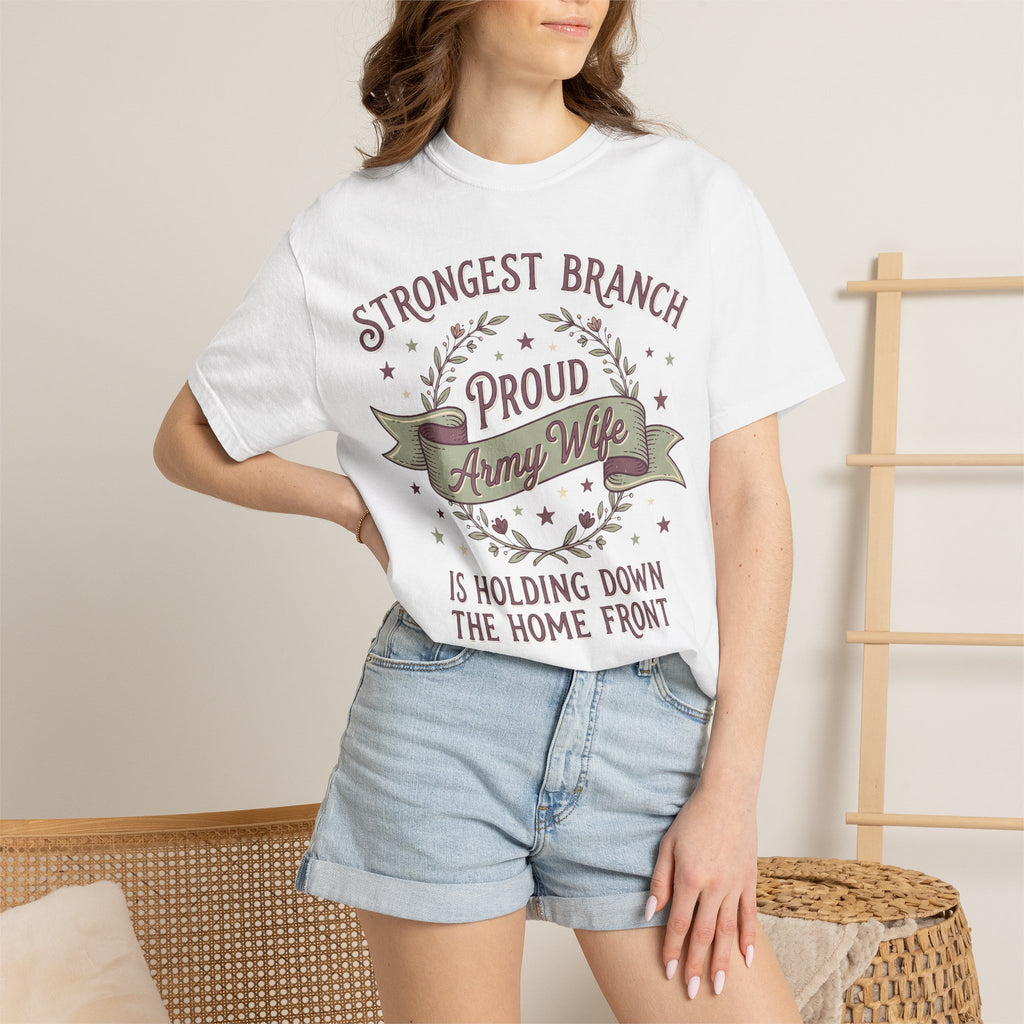 White T-shirt worn by model with Strongest Branch and Proud Army Wife home front print.
