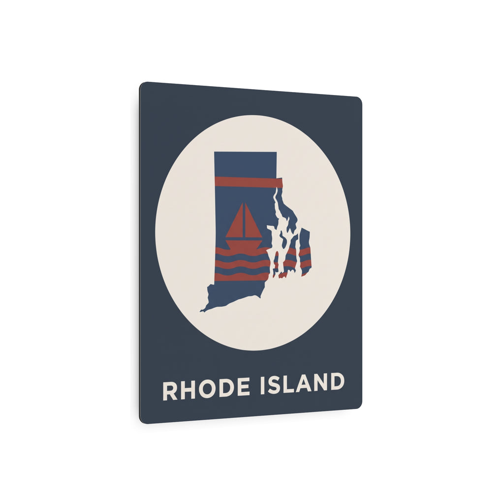 Rhode Island state map metal wall art sign, sailboat graphic on dark blue with white circular emblem