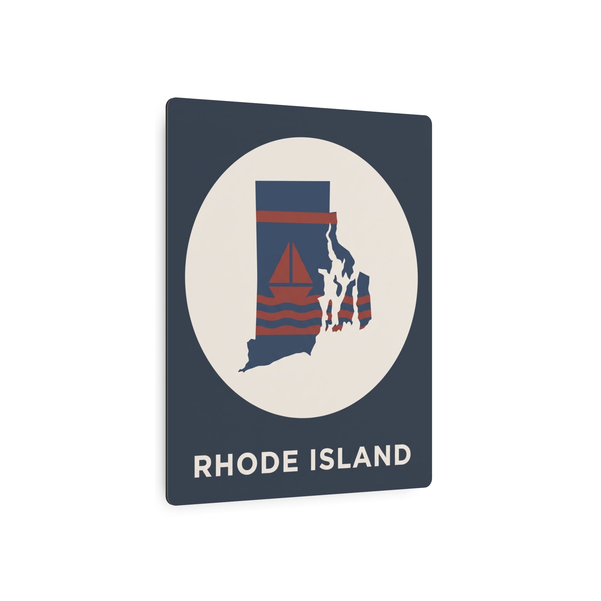 Rhode Island state map metal wall art sign, sailboat graphic on dark blue with white circular emblem