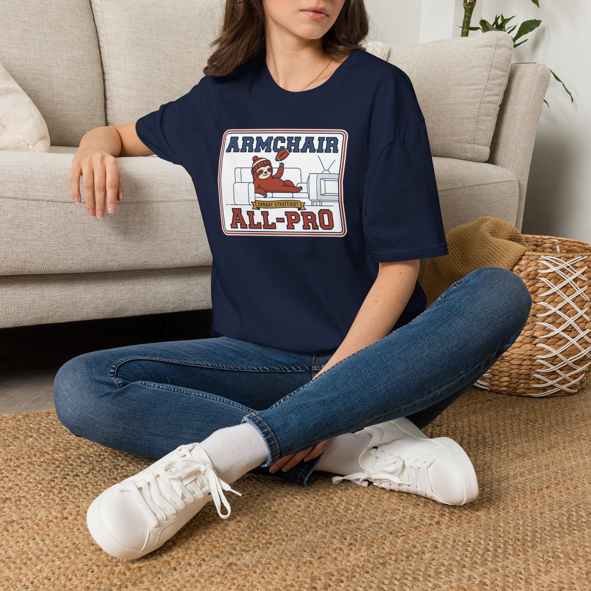 Navy T-shirt with 'ARMCHAIR ALL-PRO' sports graphic