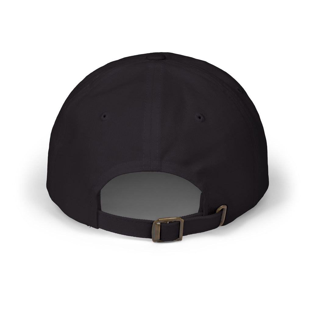 Black baseball cap with curved brim and adjustable strap at the back