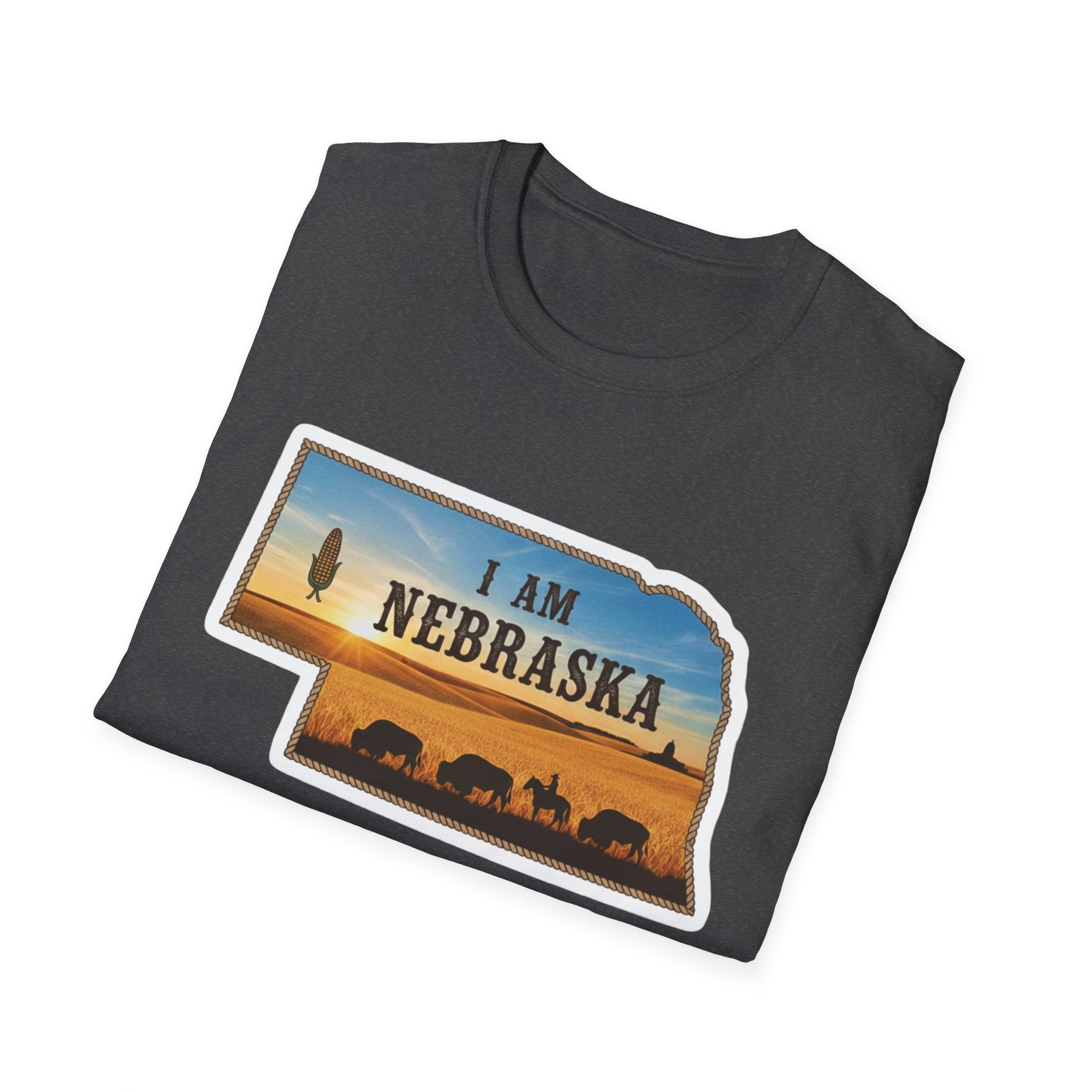 I Am Nebraska T-Shirt in Graphite Heather, Nebraska sunset silhouette front graphic