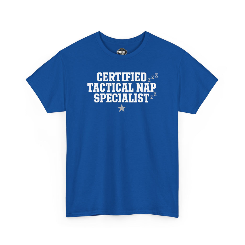 Royal blue T-shirt with 'Certified Tactical Nap Specialist' print and crew neck