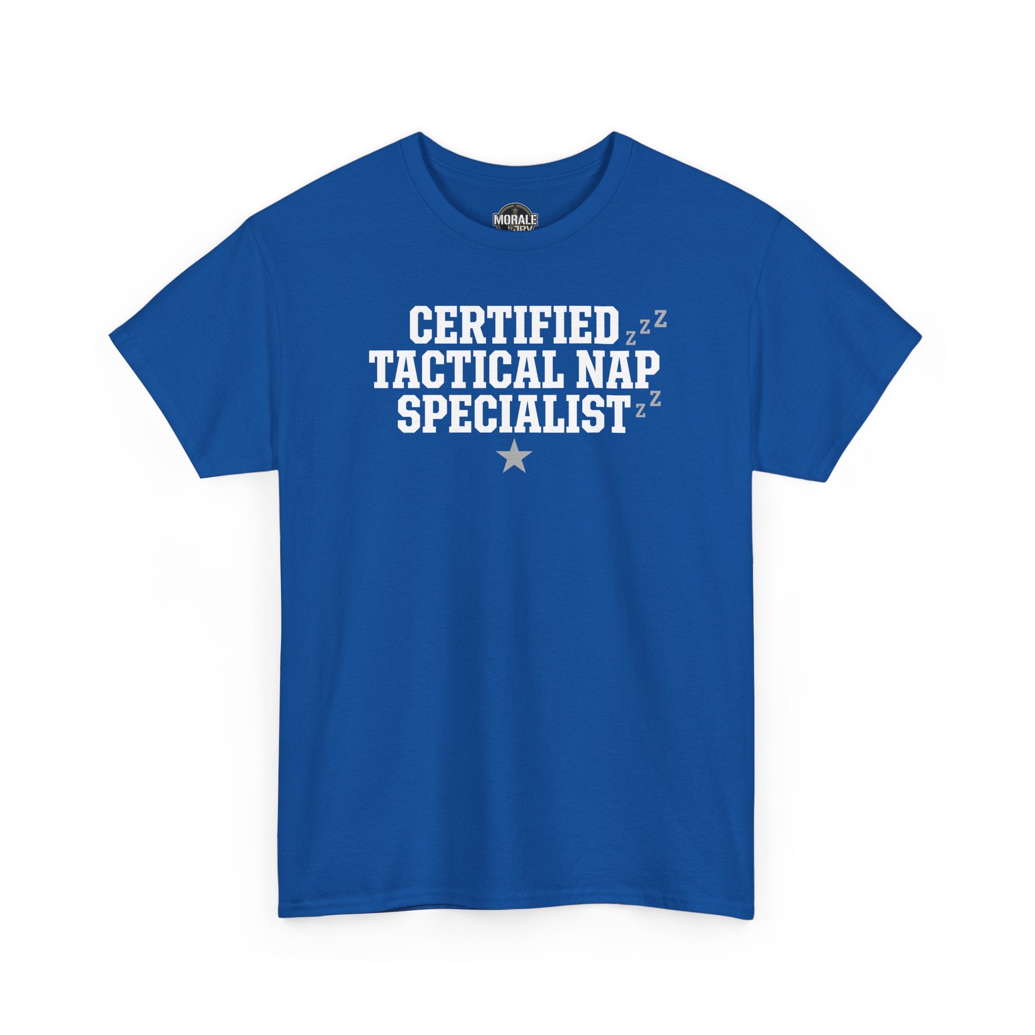 Royal blue T-shirt with 'Certified Tactical Nap Specialist' print and crew neck