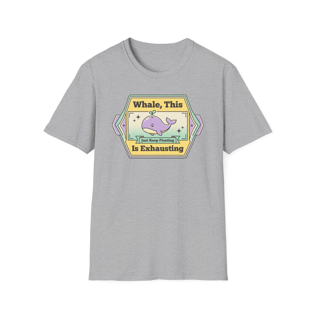 Gray T-shirt with purple whale retro graphic and slogan print