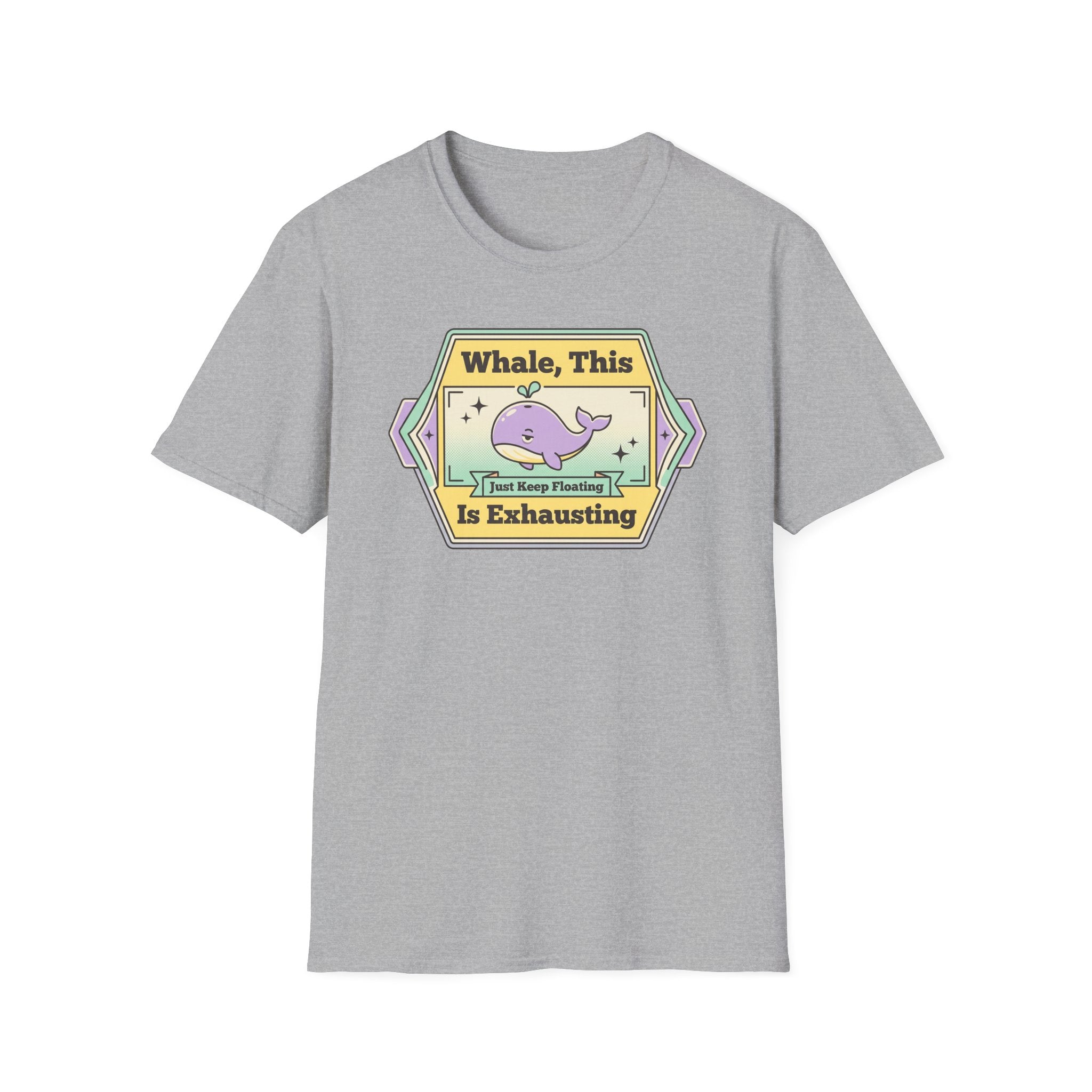 Gray T-shirt with purple whale retro graphic and slogan print