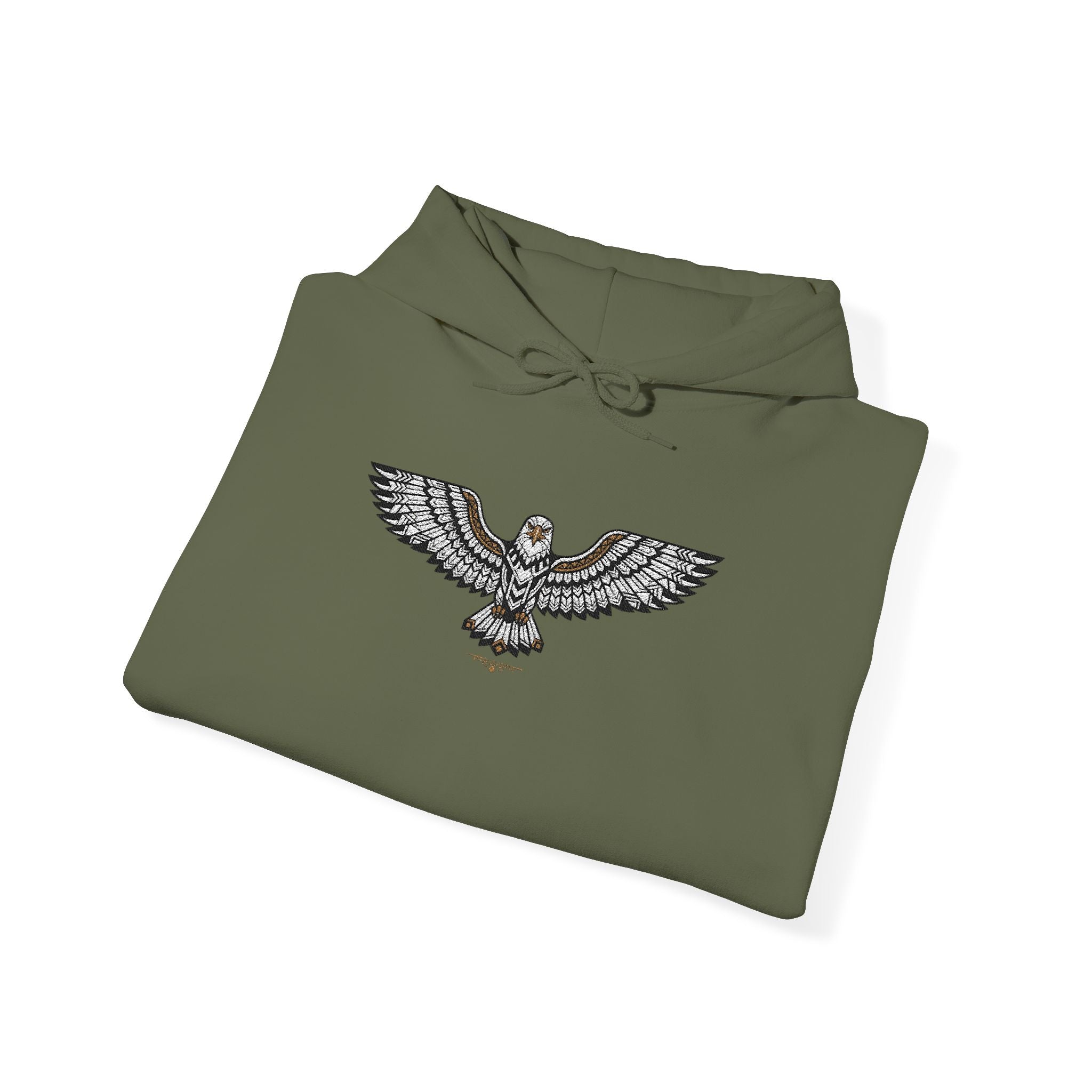 Olive green unisex hoodie with front eagle rhinestone graphic and drawstring hood