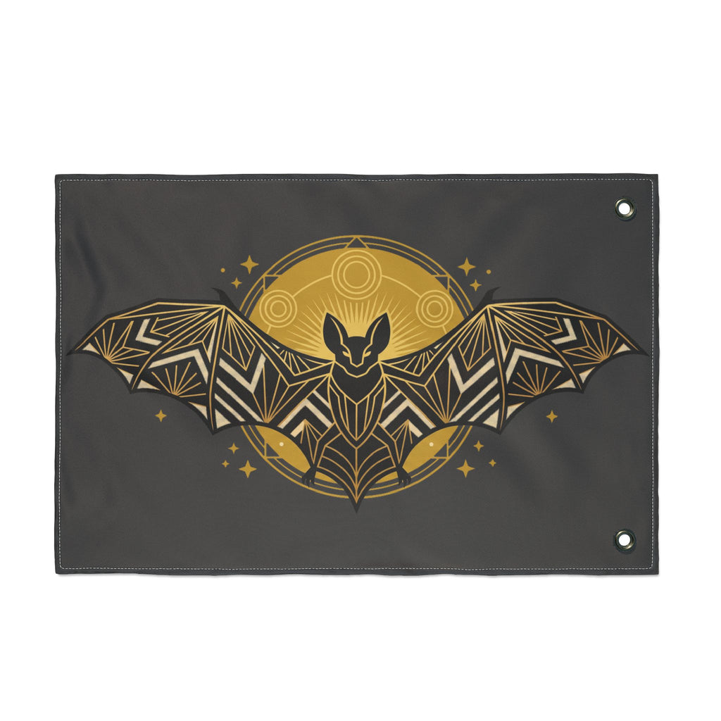 Rectangular bat banner flag with top and bottom grommets; dark fabric with gold bat moon