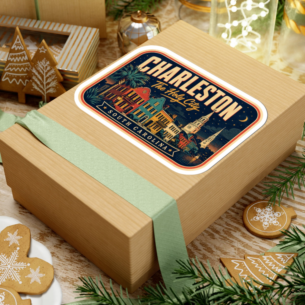Luggage tag sticker on wrapped gift, rounded rectangle Charleston design with ribbon and skyline