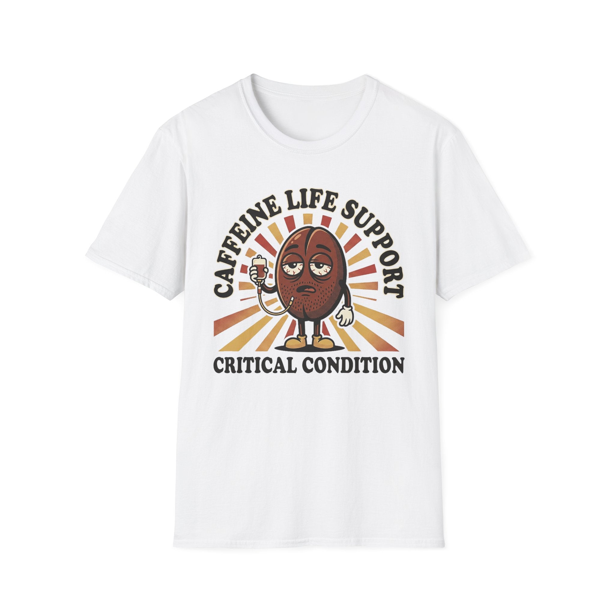 White T-shirt with cartoon coffee bean and “CRITICAL CONDITION” graphic