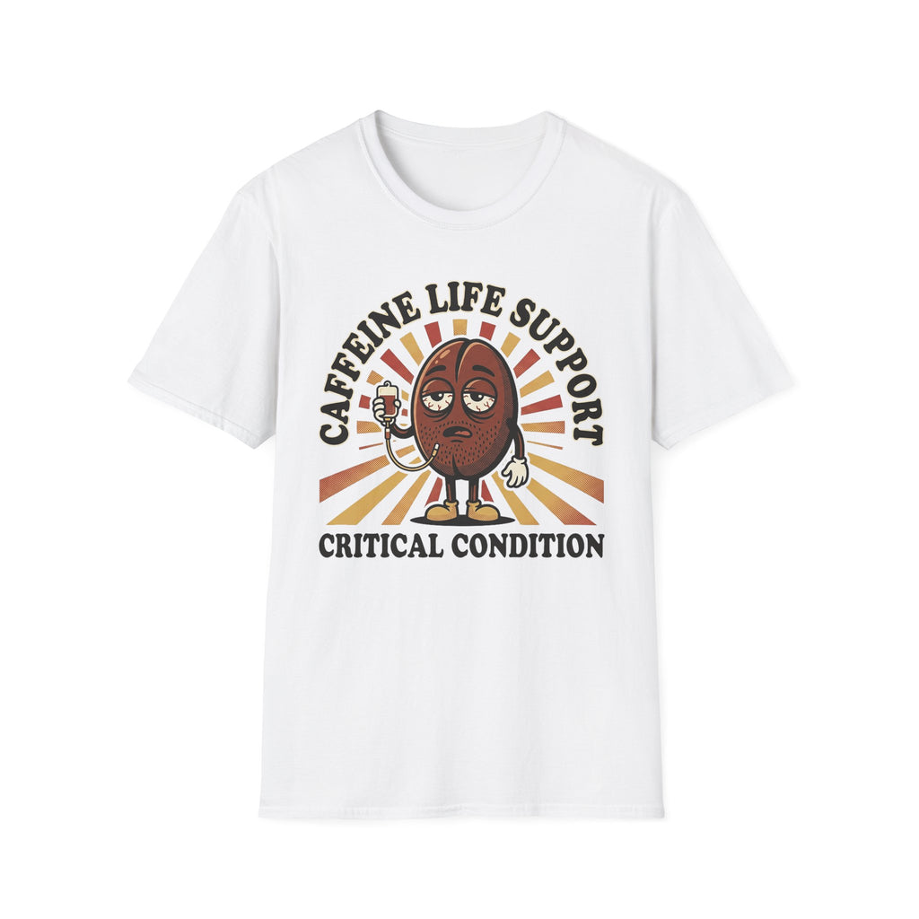 White T-shirt with coffee bean cartoon and “CRITICAL CONDITION” text graphic