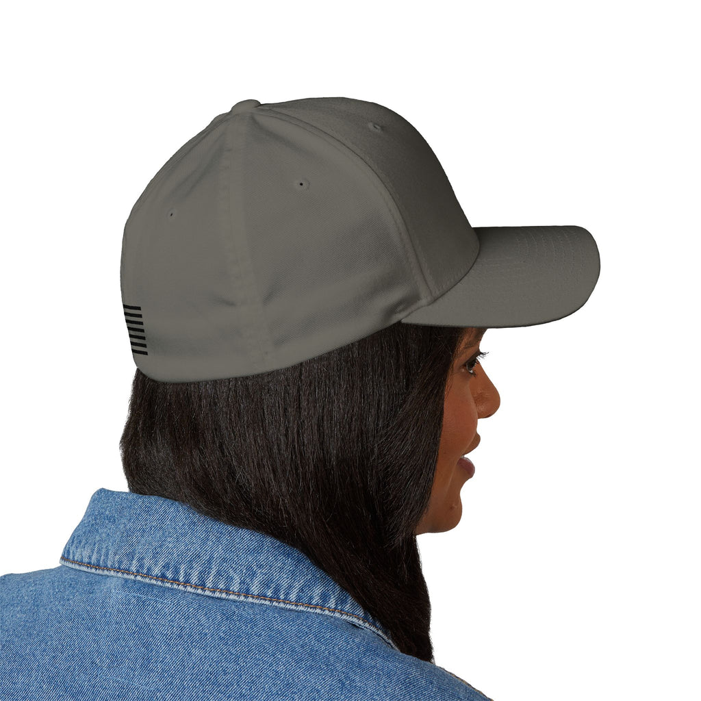 Gray embroidered baseball cap with side stripe detail and curved brim