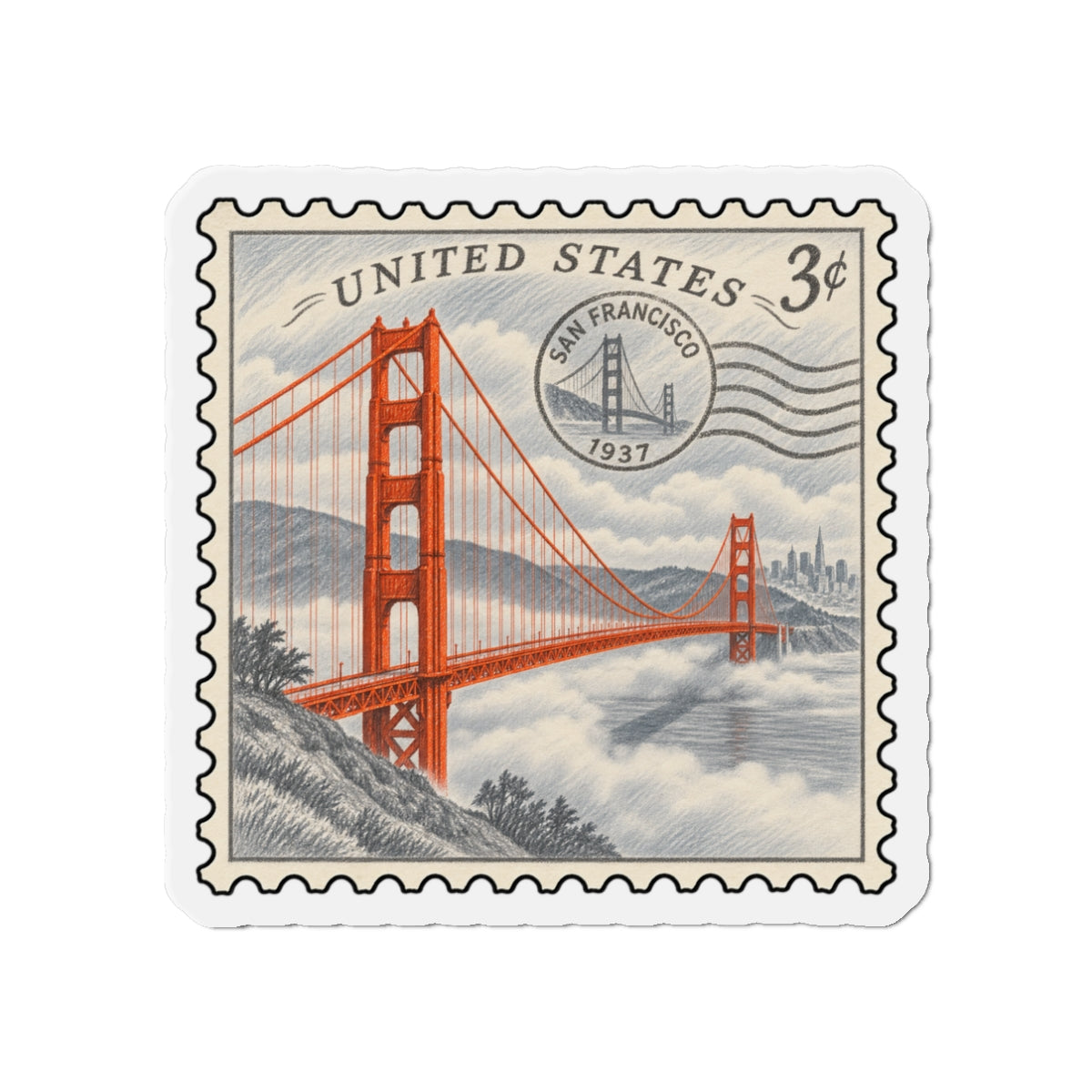 Die-cut stamp magnet featuring Golden Gate Bridge with San Francisco circular seal and waves