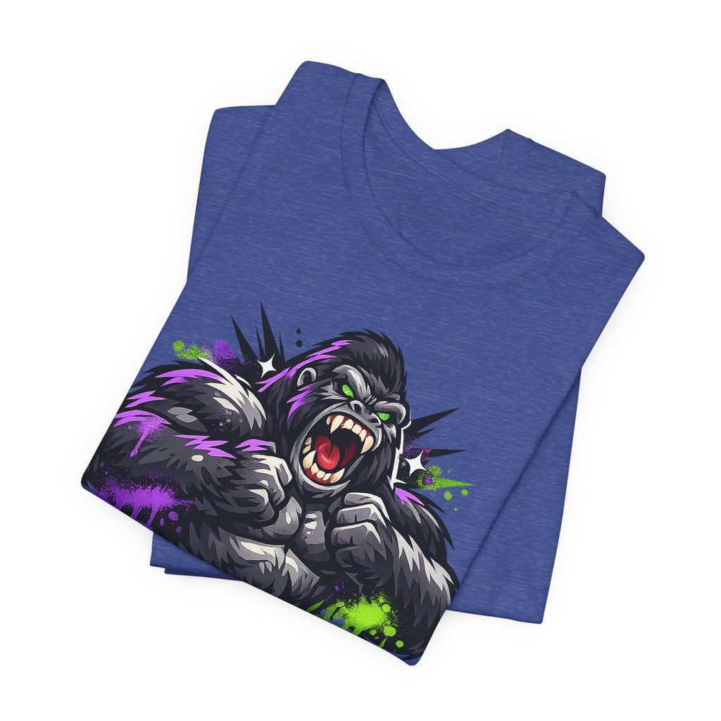Heather True Royal unisex T-shirt with roaring gorilla graphic on chest