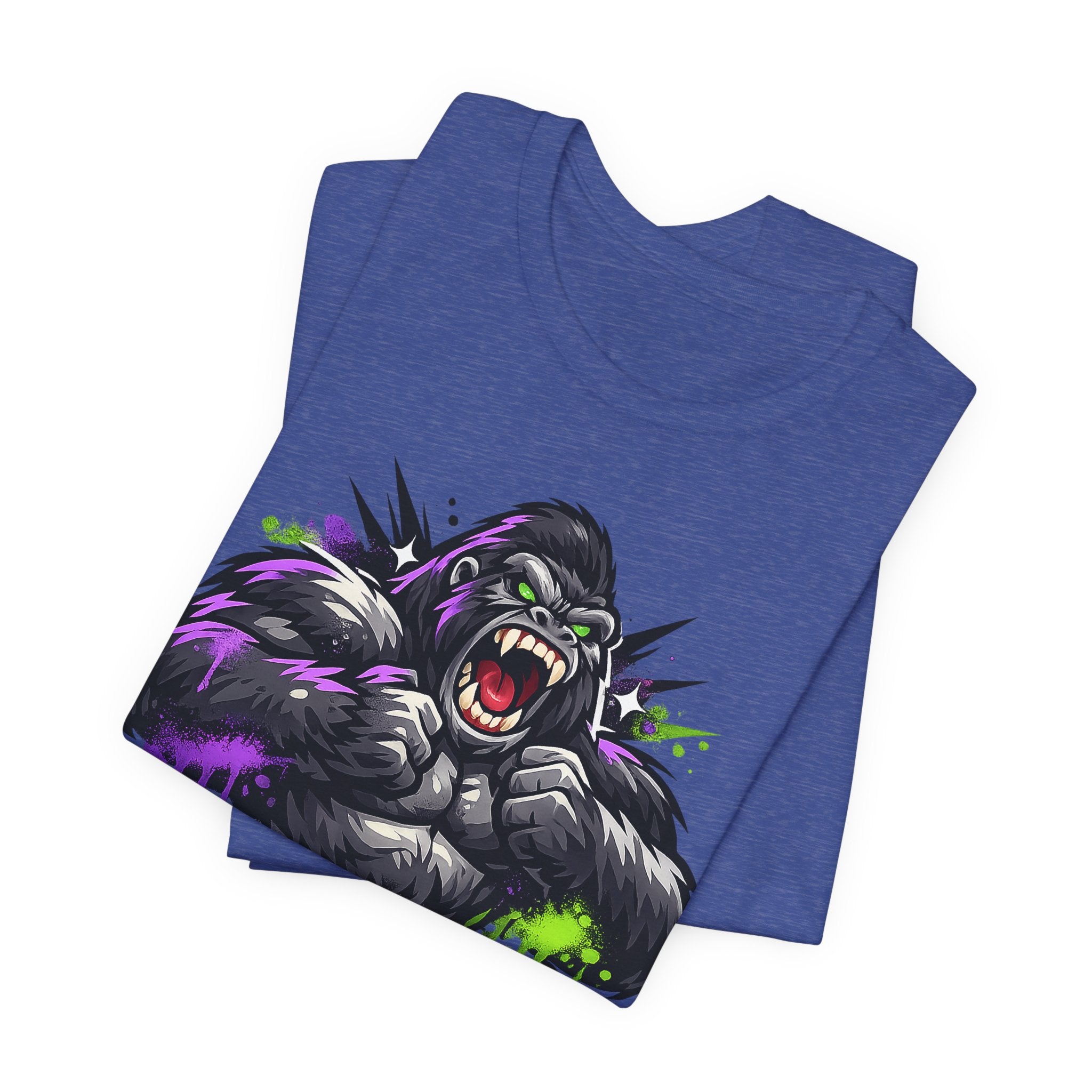 Heather True Royal unisex T-shirt with roaring gorilla graphic on chest