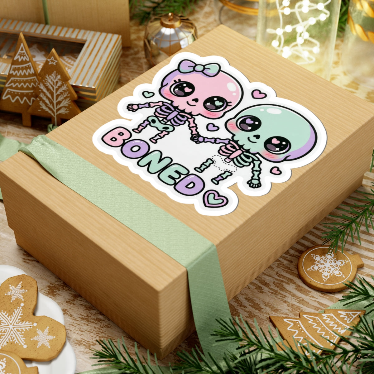 Pastel skeleton couple sticker with two skulls holding hands and 'BONED' word