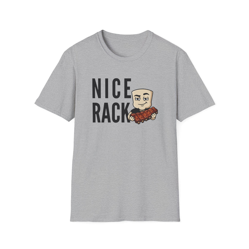Nice Rack graphic T-shirt, light gray, crew neck, short sleeves, front ribs slogan graphic