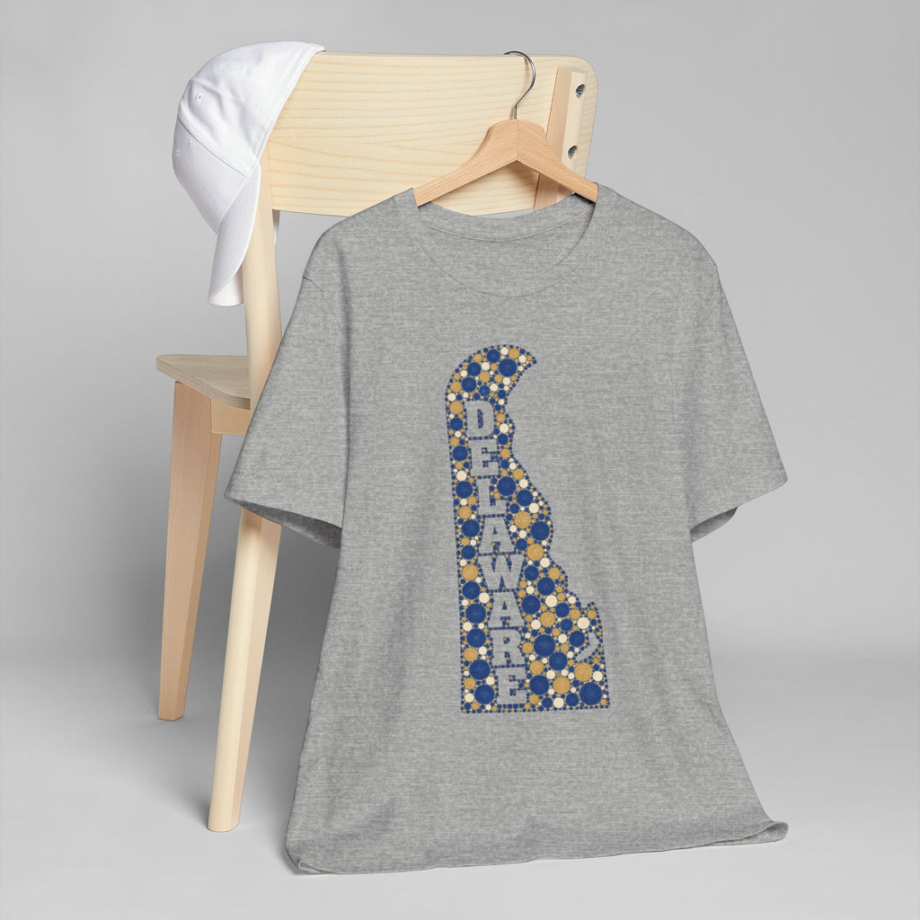 Heather gray crew-neck t-shirt with blue-and-gold Delaware map letter graphic