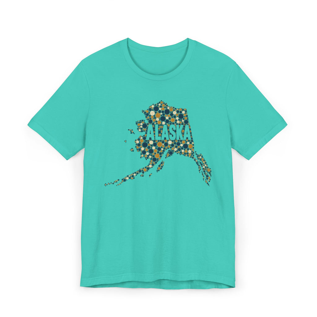 Teal Alaska state outline graphic T-shirt with dotted map and “Alaska” text